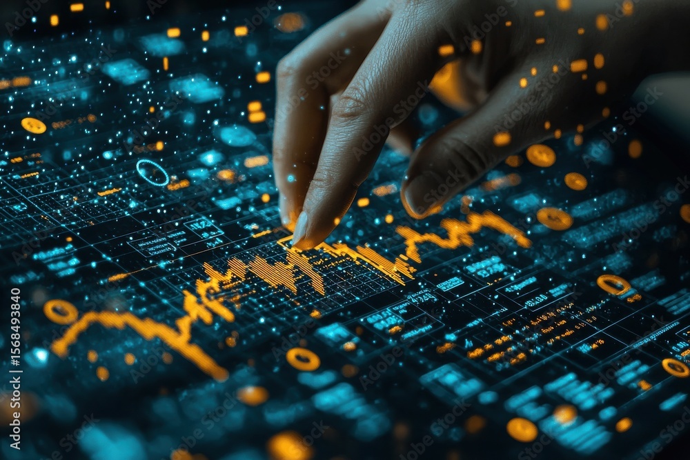 Poster hand interacting with business graph on digital display highlighting financial data
