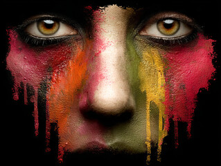 Vibrant face paint art showcasing bold colors and expressive design at an artistic festival in the evening