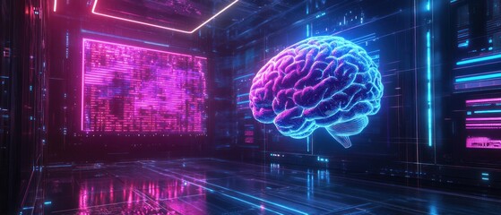 Digital brain in neon futuristic space