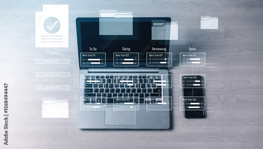 Poster task management workflow dashboard visualizing to-do lists, ongoing tasks, review status, and comple