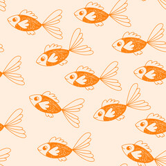 Seamless vector pattern with goldfish. Illustration stylized as a child's drawing. Maritime Living aesthetic. Marine decor for design, decoration, textiles, websites.
Line drawing.