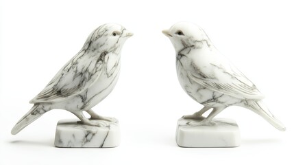 Fancy marble bird statues, a pretty decoration on its own, shown alone on white.
