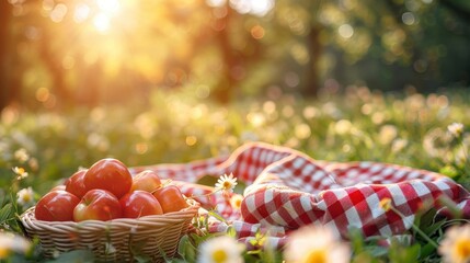 Sunny picnic scene apples in basket on checkered blanket, meadow of daisies, dappled light