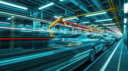 Robots build teal cars with light trails