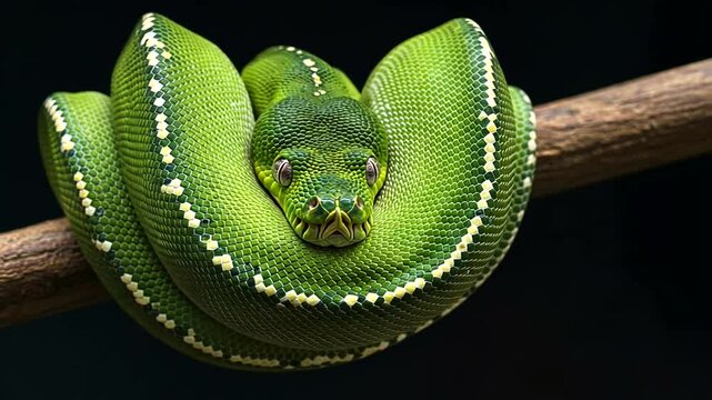 Bright green snake coiled on a branch, looking at viewer