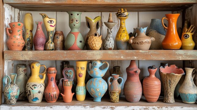 Pottery on a shelf.
Various pottery on shelf.
Colorful clay art displayed.
Handmade pottery on display.
Clay items in a workshop.
