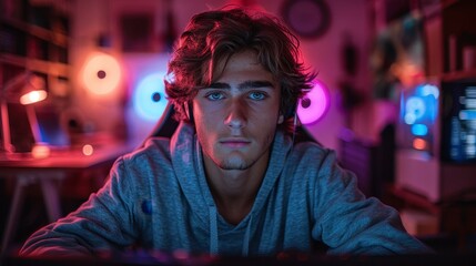 Serious young man in hoodie stares forward in a colorful, modern, and dimly lit room