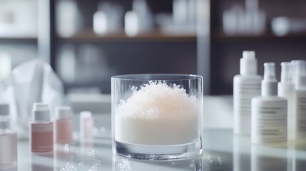 Science lab doing experiments with beauty products. They're using a glass model of tiny particles.
