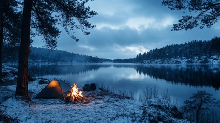 Set up camp near the lake with a warm fire as evening comes in winter.

