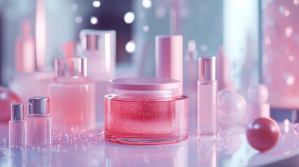 Science lab doing experiments with beauty products. They're using a glass model of tiny particles.
