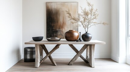 Simple design with modern art. A plain table with unique art and natural touches mixes new art with a clean look.
