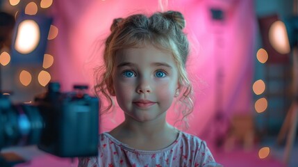 Girl with blue eyes and curly hair, in studio, pink backdrop and blurred lights