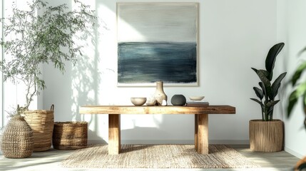 Simple design with modern art. A plain table with unique art and natural touches mixes new art with a clean look.

