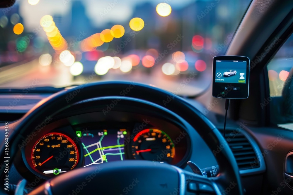 Aufkleber dashboard with illuminated speedometer, gps device and navigation map on the screen at night