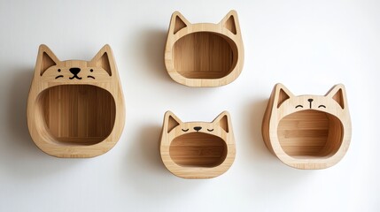 Simple wooden shelves shaped like cats. They have a clean look and attach to a white wall. They include cute cat designs and are safe for pets.
