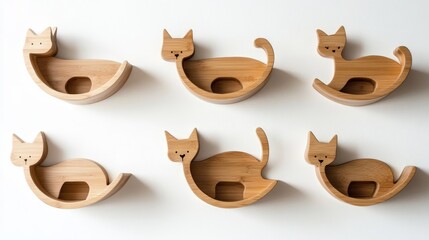 Simple wooden shelves shaped like cats. They have a clean look and attach to a white wall. They include cute cat designs and are safe for pets.
