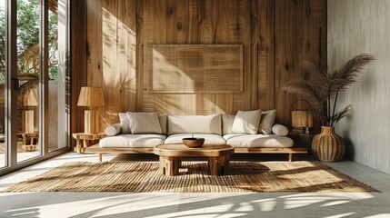 Sunny rustic room with wood panel wall, woven rug, sofa, coffee table, vase and pampas grass