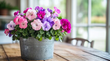 Spring is here, time to garden! Simple Easter home decor. Pretty pink and purple flowers in a metal pot brighten up the kitchen table.
