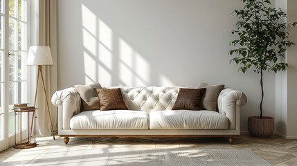 Bright room with off-white couch, sunlit wall, tree in pot by large windows