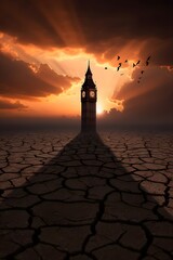 Big ben clock tower london england sunset landscape cracked earth dramatic sky birds