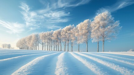 Snowy field with aligned trees reaching for blue sky with wispy clouds on a sunny day