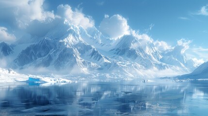 Snowy mountains reflected in a glacial lake under a bright, cloudy sky