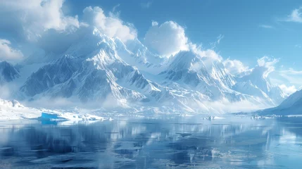Tableau sur plexiglas Réflexion Snowy mountains reflected in a glacial lake under a bright, cloudy sky  © Ramlan