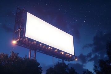 Blank billboard shines brightly against a night sky filled with stars, ready for advertising or public announcements.