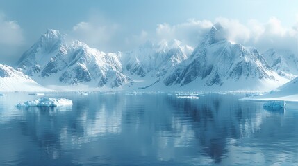 Serene Snow-capped mountains reflected in calm, icy water, with some icebergs under a partly cloudy sky