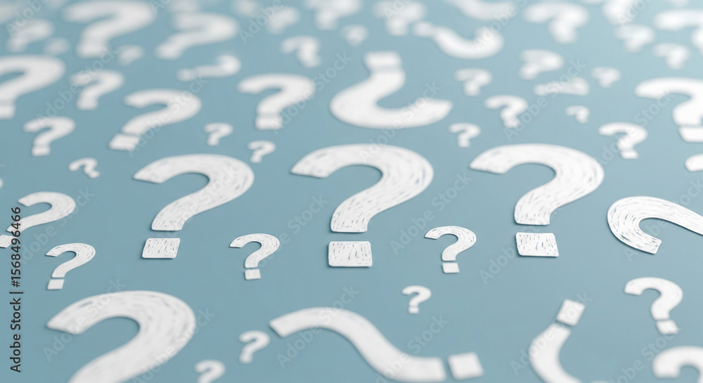 Poster Numerous white question marks scattered on a blue background, creating a textured pattern, symbolizing uncertainty, inquiry, or the search for answers