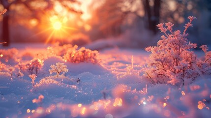 Winter sunrise Snowy field and frosted plants glow with golden light. Bokeh effect