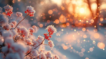 Snowy berries glitter in sunlight with bokeh background, winter scene