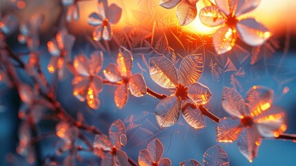 Translucent blossoms on a branch, with a blurred sunset and geometric overlay