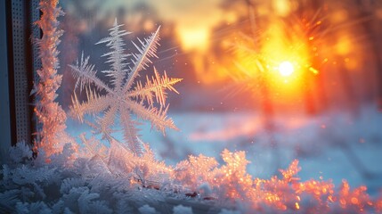 Window frost, large snowflake detail, sunburst background