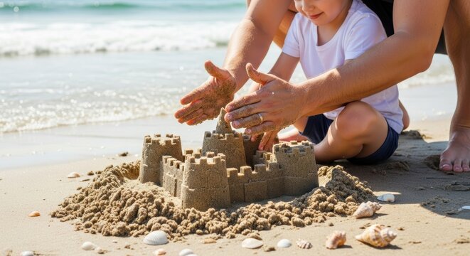 Father and son building sandcastle on sunny beach
