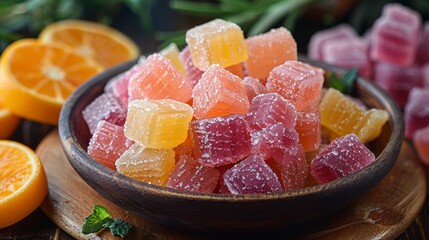 Colorful, sugary fruit jellies piled in a wooden bowl, with sliced oranges and mint leaves nearby