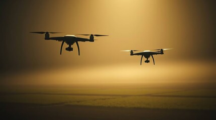Drones flying over sunset field.