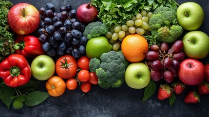 Abundant spread of fresh fruit, vegetables, leaves displayed overhead on dark surface