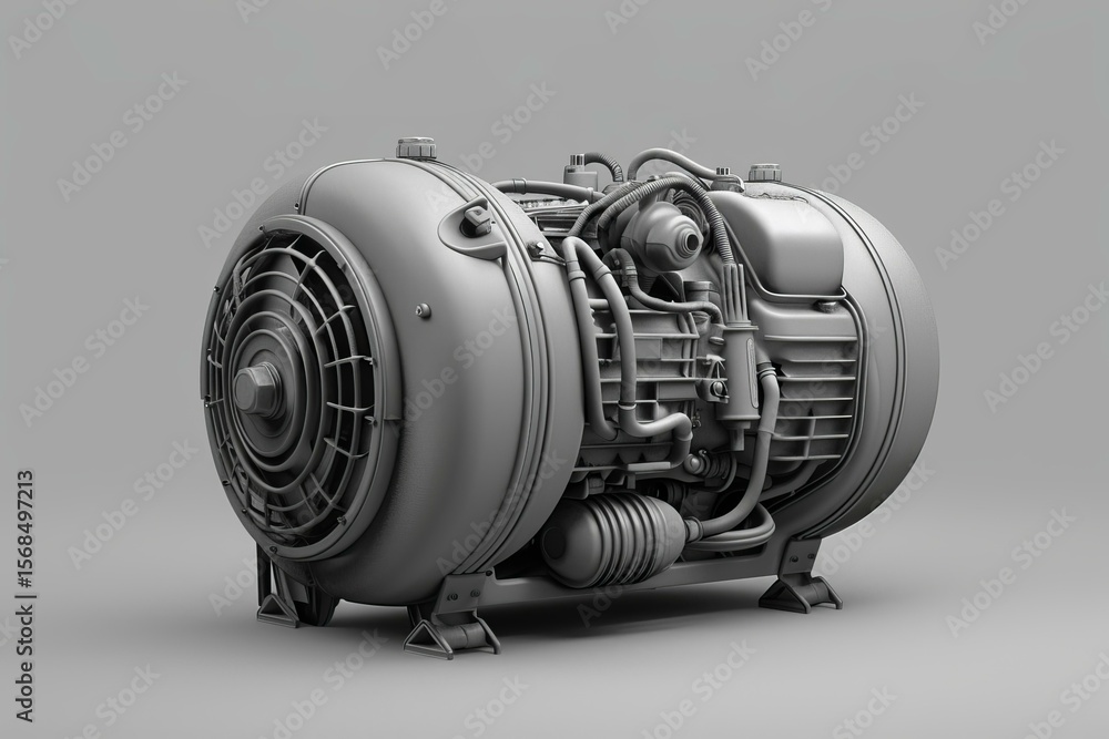 Poster studio 3d rendering of a powerful industrial air compressor machine with visible components, featuri
