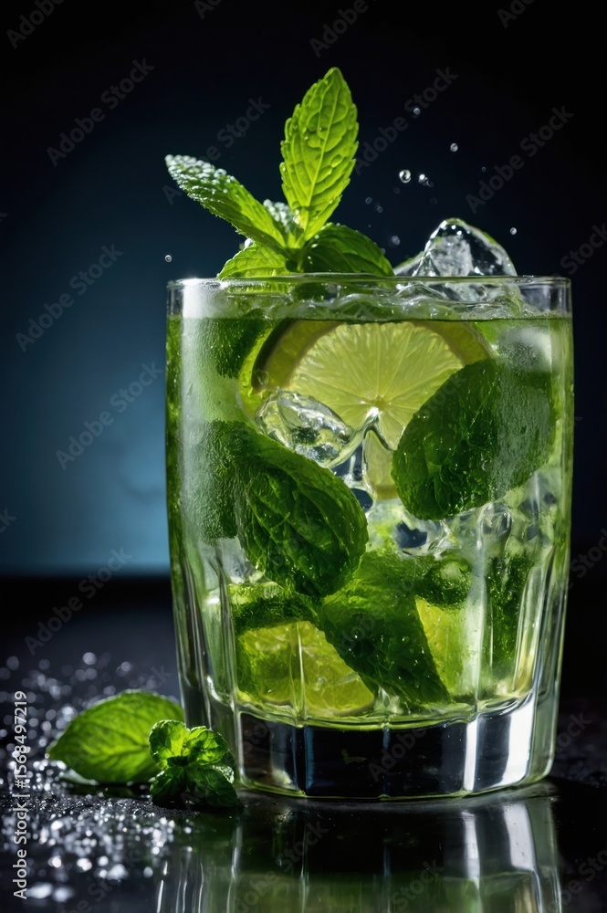 Poster refreshing mojito with lime, mint, and ice, creating a vibrant and invigorating drinking experience.