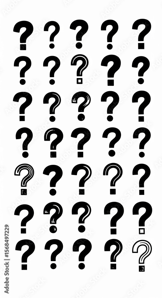 Poster Multiple black question marks, varying slightly in design, arranged in a grid pattern on white background.  Represents inquiry, uncertainty, or FAQ concept
