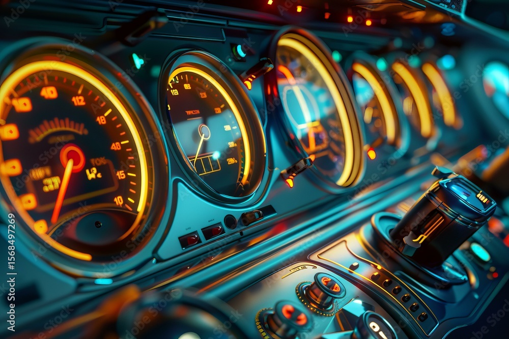 Aufkleber illuminated dashboard displaying various metrics in a futuristic vehicle, highlighting advanced tech