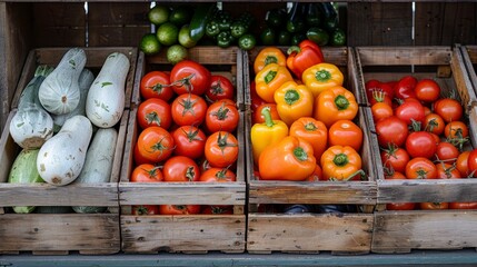 Veggies in rustic crates. Zucchini, tomatoes, peppers, zucchini. A fresh display of produce