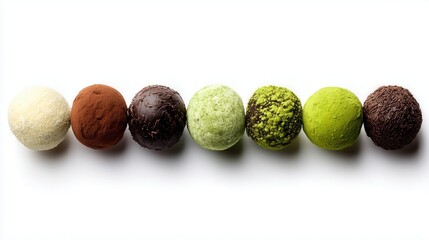 Assorted White and Dark Chocolate Truffles on White Background with Decorative Powder

