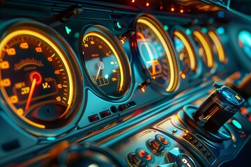 Illuminated dashboard displaying various metrics in a futuristic vehicle, highlighting advanced technology and automotive design