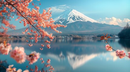 Snowy mountain reflected in calm lake with foreground pink cherry blossom branches against a soft blue sky