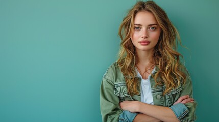 Girl gazes, arms crossed, olive jacket, against solid turquoise wall. Ample copy space