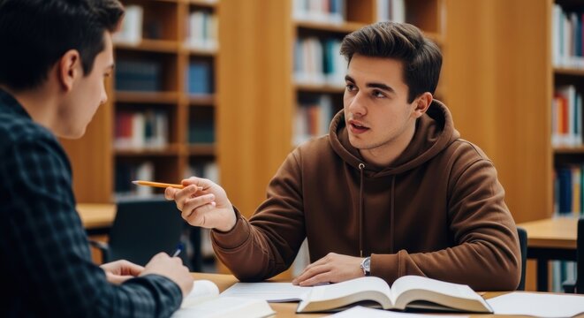 Young caucasian men studying in library setting