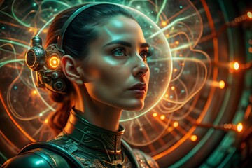 Futuristic woman with cybernetic enhancements gazes forward with glowing energy