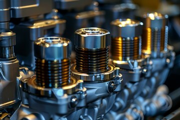 Close up of modern car engine showing pistons and other components